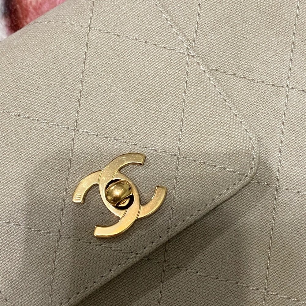 CHANEL Kelly Cc Medium Quilted Flap Turnlo Beige - Gold Canvas Shoulder … - Picture 10 of 14